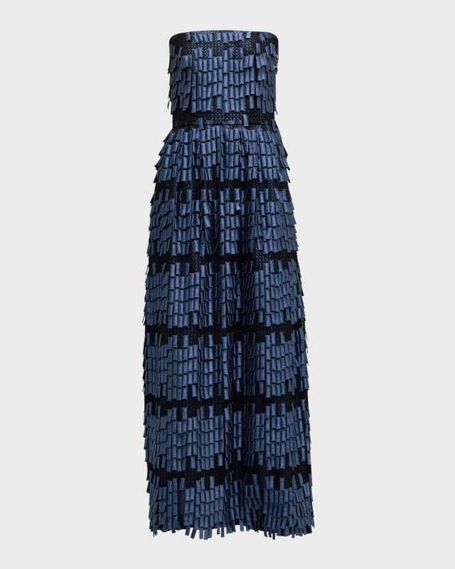 Strapless Geometric Fringe Effect Gown