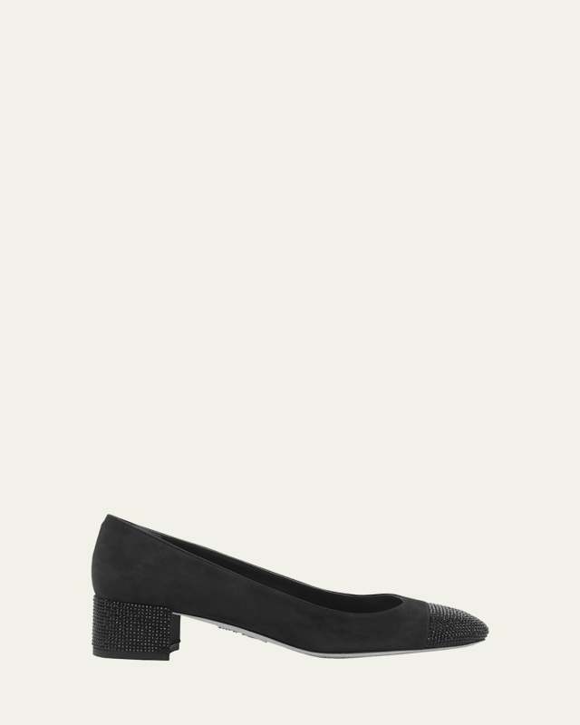 Suede Crystal Cap-Toe Pumps