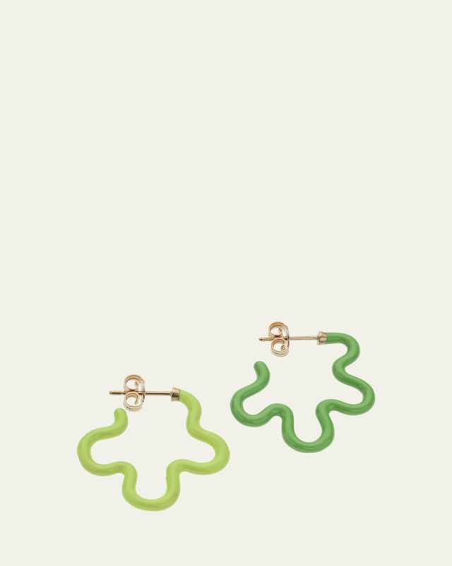 Two-Tone Asymmetrical Flower Earrings with Lime and Green Enamel