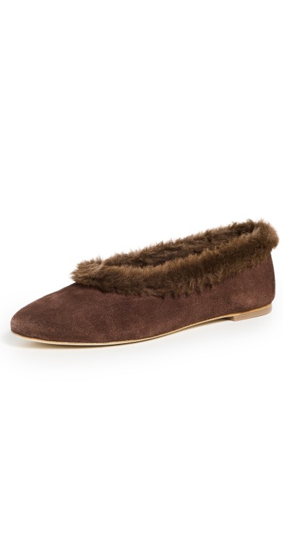STAUD Alba Faux Fur Trim Ballet Flats Mahogany