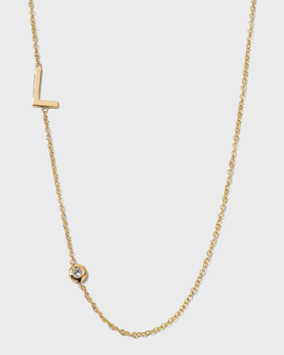 14K Gold Asymmetrical Initial and Bezel Diamond Necklace, 16-18"