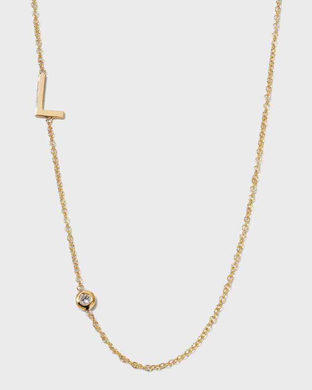 14K Gold Asymmetrical Initial and Bezel Diamond Necklace, 16-18"