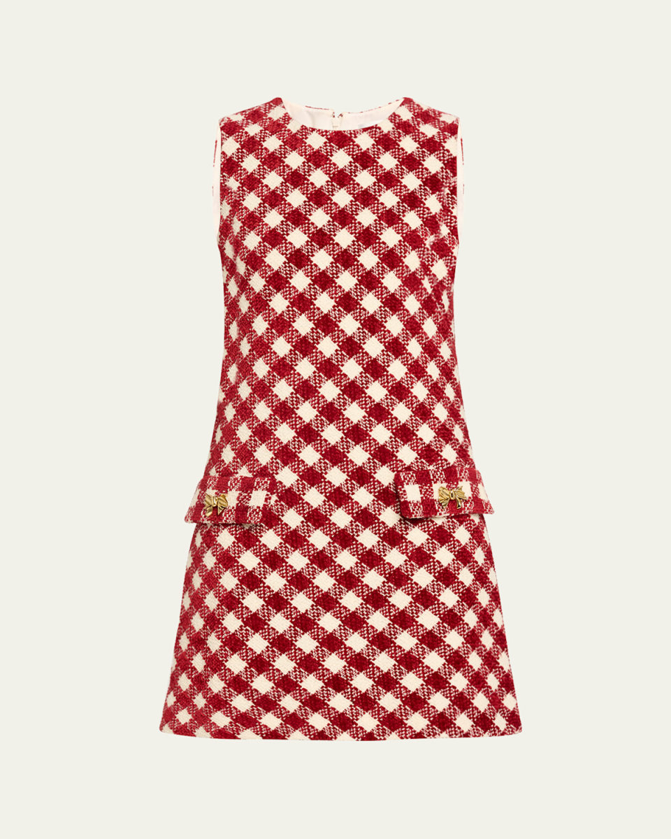 Chenille Check Tweed Shift Dress with Bow Details
