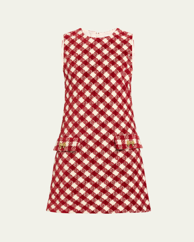 Chenille Check Tweed Shift Dress with Bow Details