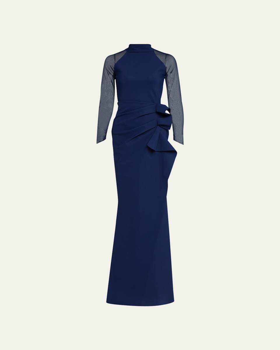 Maygu Illusion-Sleeve Ruffle Trumpet Gown