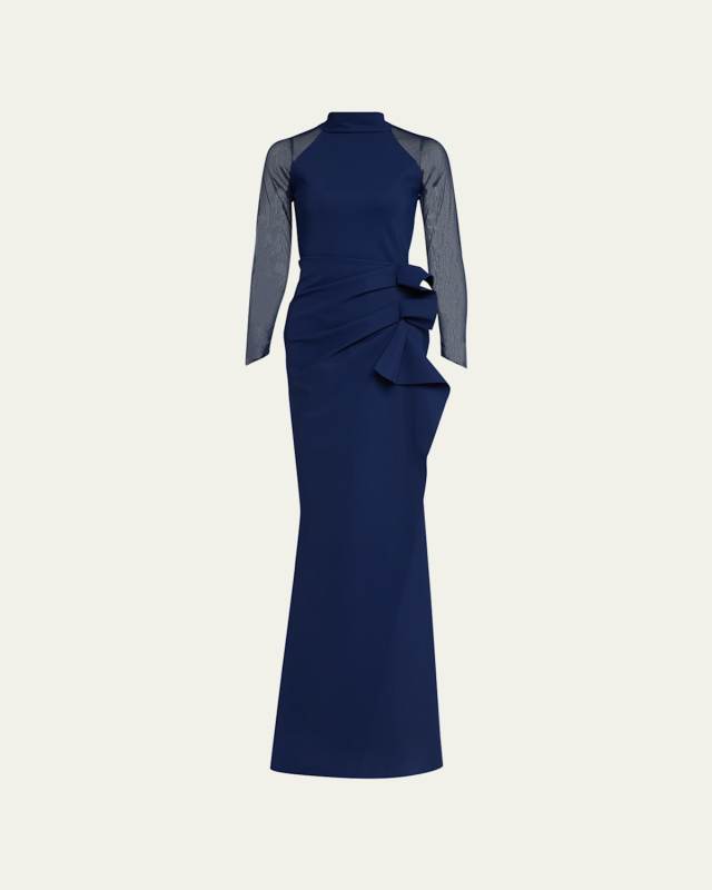Maygu Illusion-Sleeve Ruffle Trumpet Gown