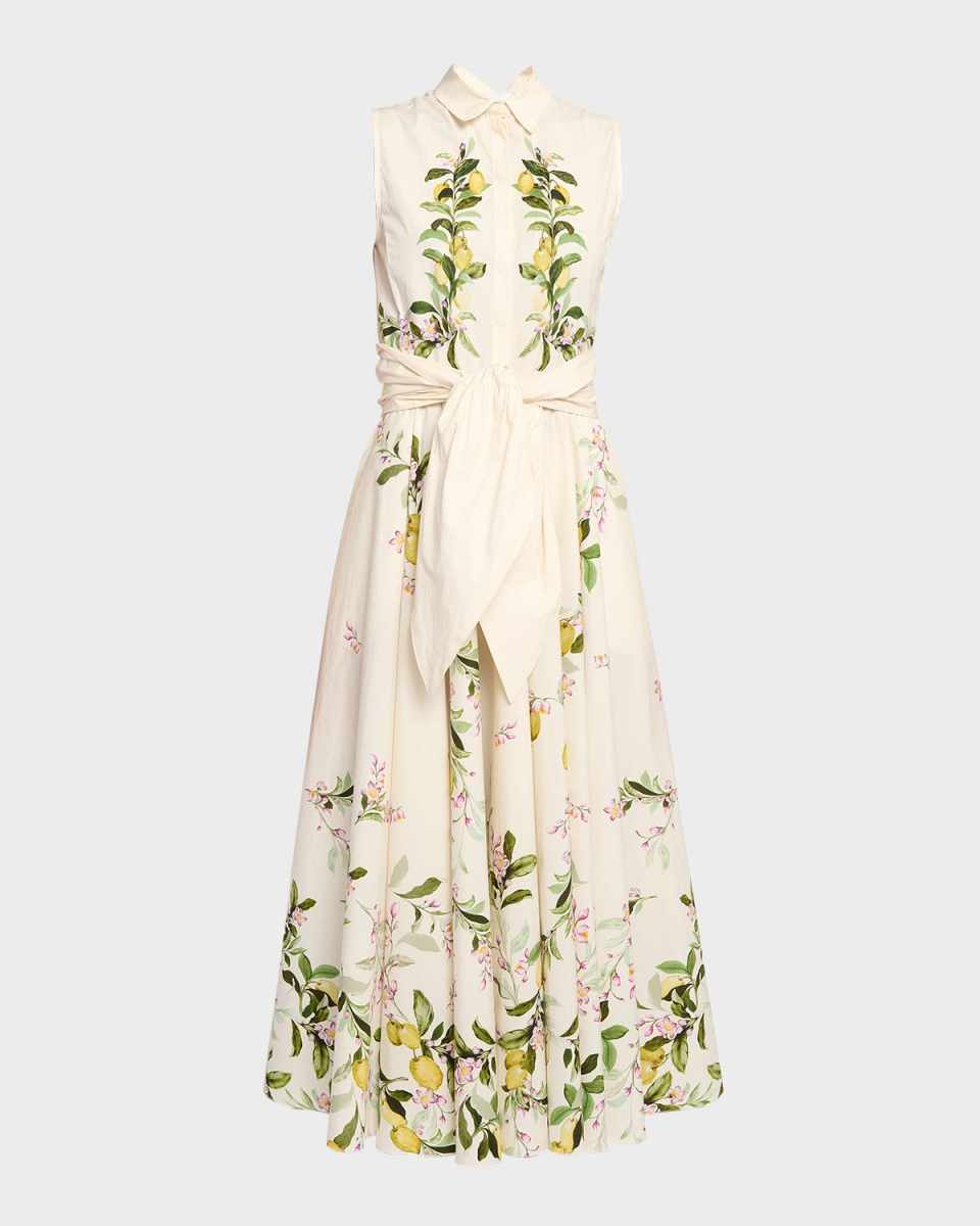 Lemon-Print Sleeveless Midi Shirtdress