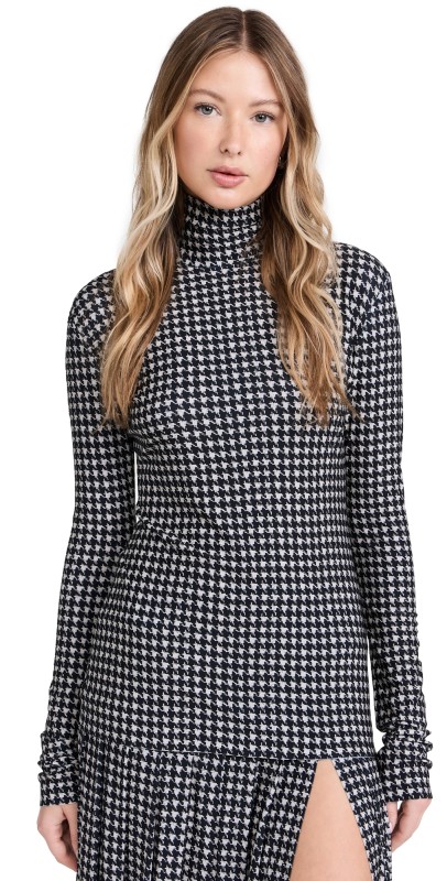 Norma Kamali Slim Fit Long Sleeve Turtle Top Large Houndstooth