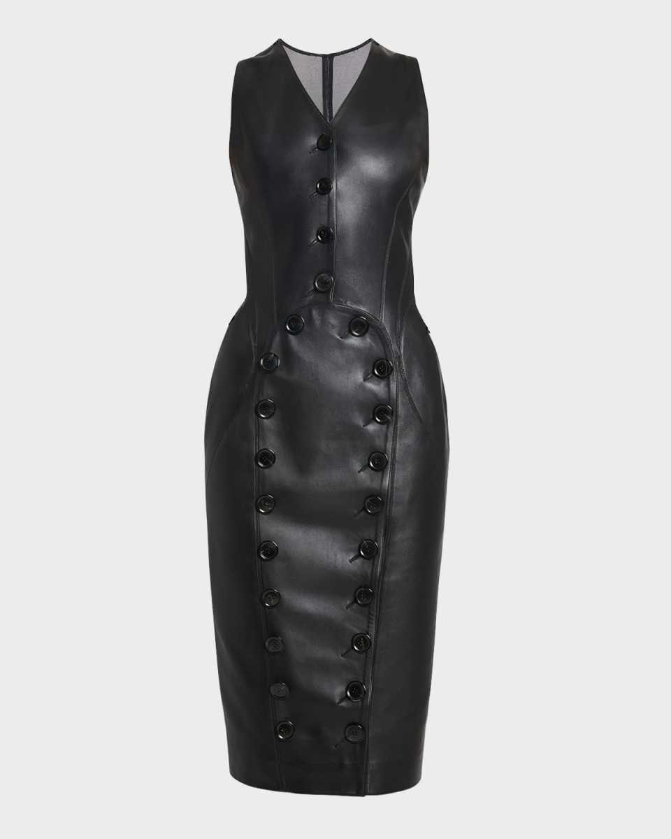 Button-Front Sleeveless Leather Midi Vest Dress