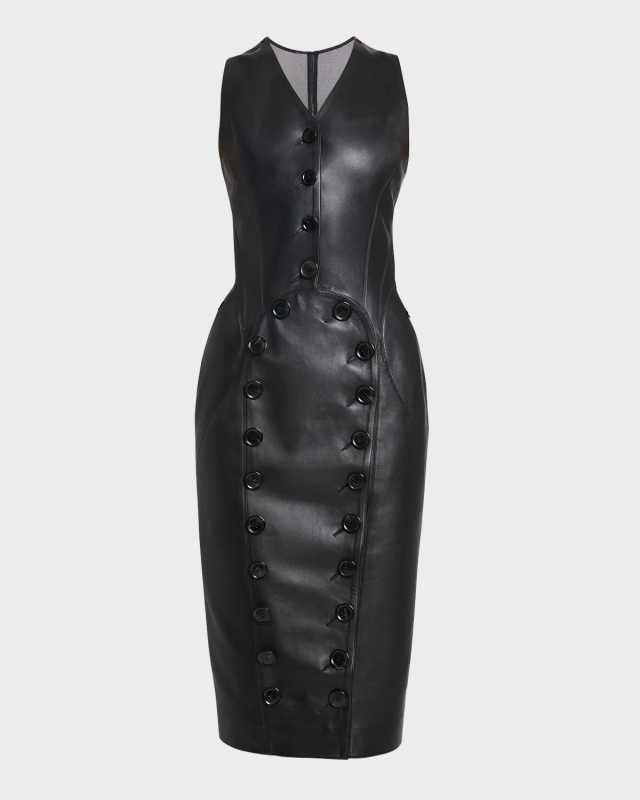 Button-Front Sleeveless Leather Midi Vest Dress