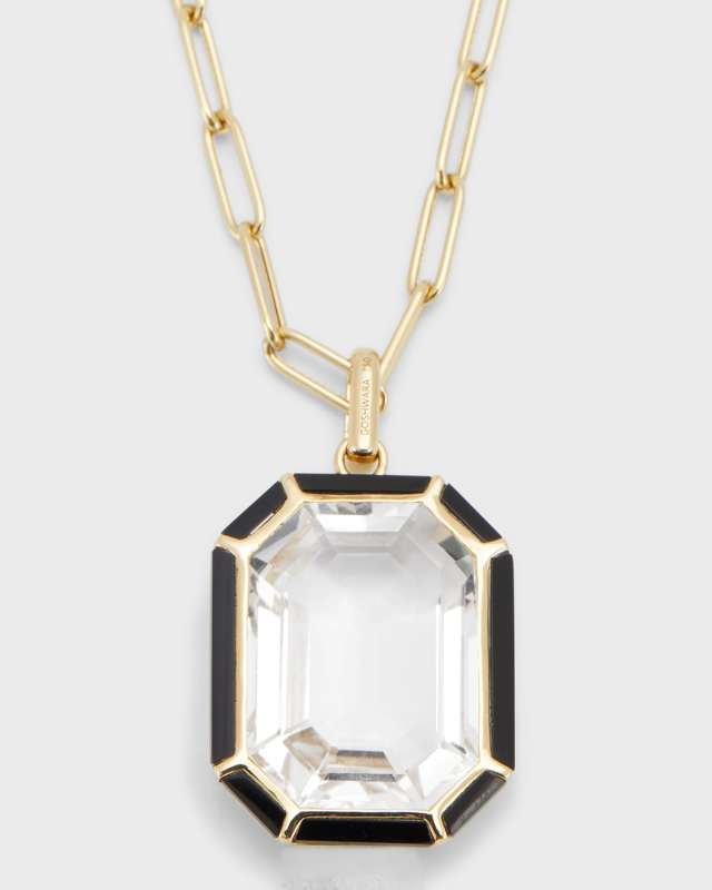 18k Gold Paperclip Chain Necklace with Emerald-Cut Rock Crystal Pendant