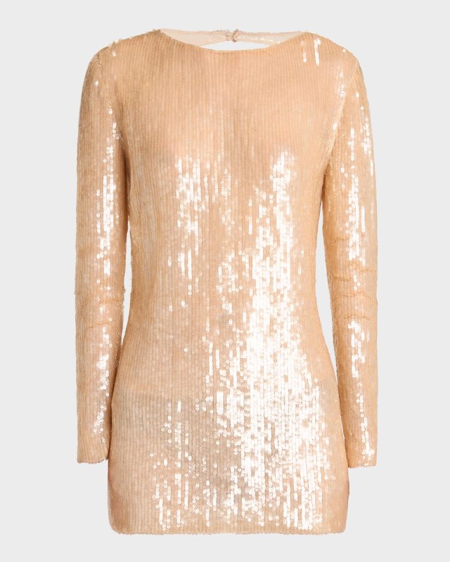 Sequin Embroidered Long-Sleeve Backless Mini Dress