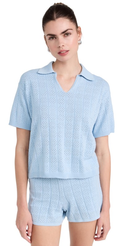 MONROW Crochet Knit Oversized Polo Tee Soft Blue