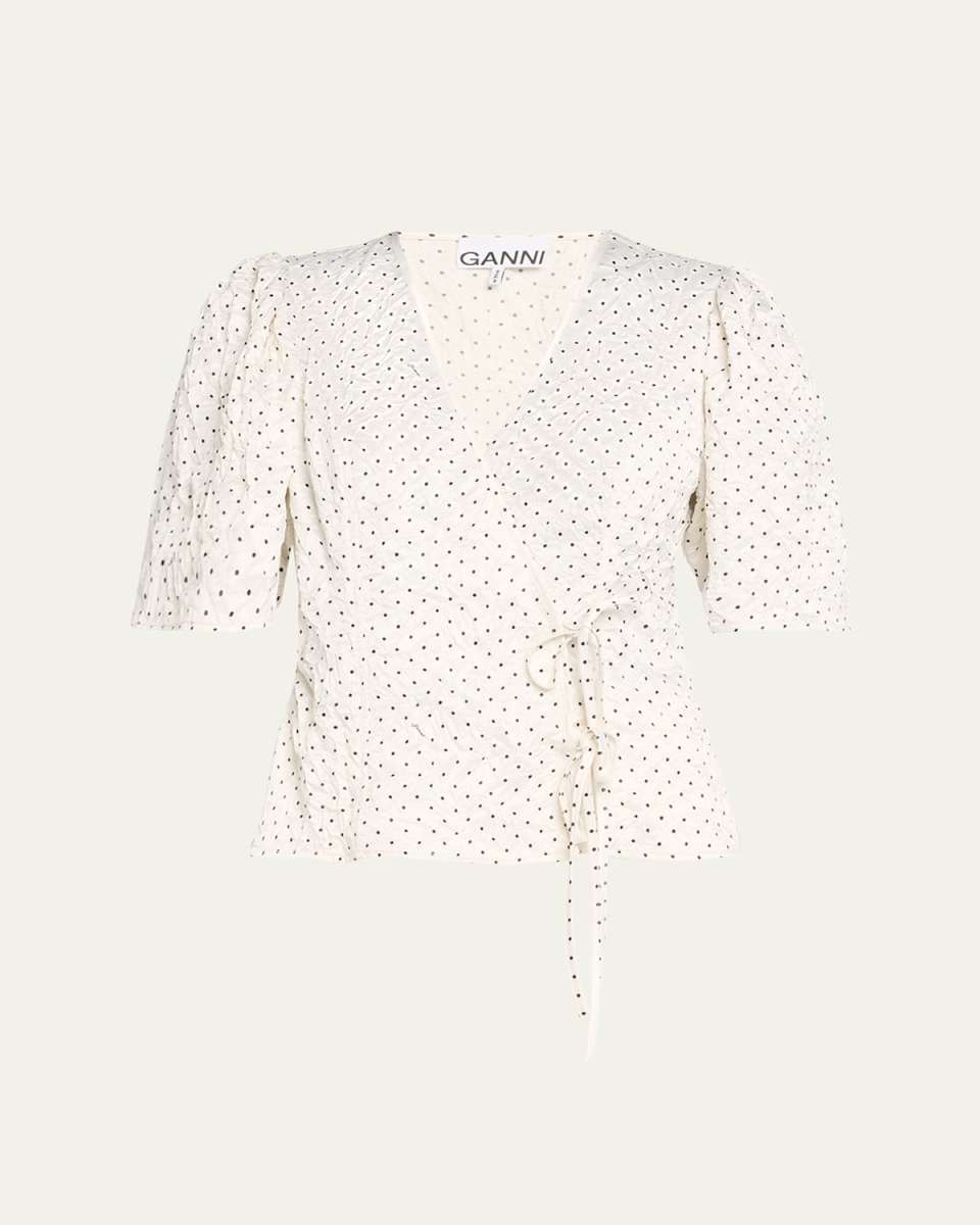 Crinkled Satin Short-Sleeve Wrap Blouse