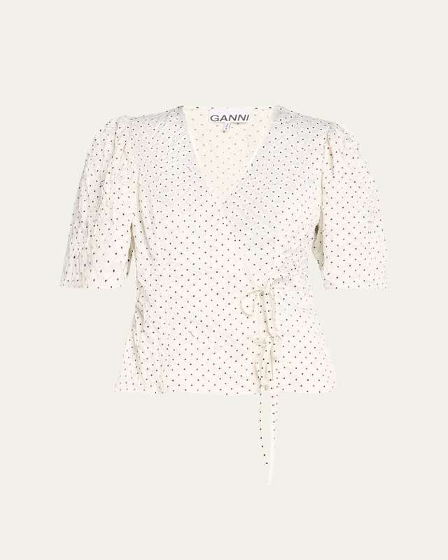 Crinkled Satin Short-Sleeve Wrap Blouse