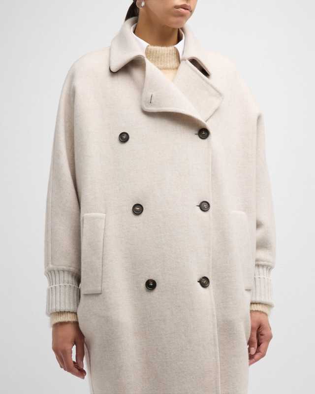 Rib Knit Cuffs Double-Breasted Cashmere Poncho Coat