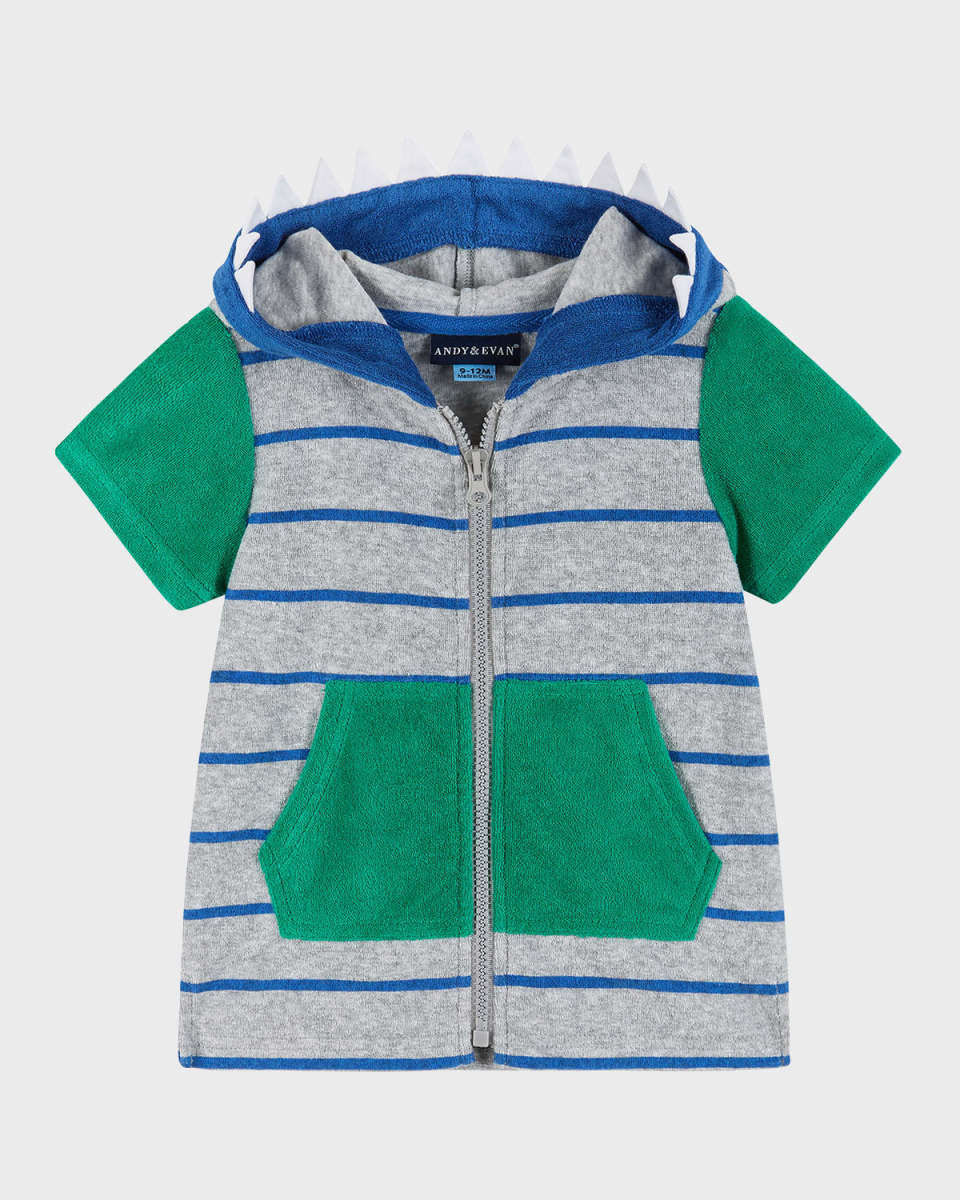 Boy's Dinosaur Zip-Front Striped Terry Hoodie Coverup, Size 0M-24