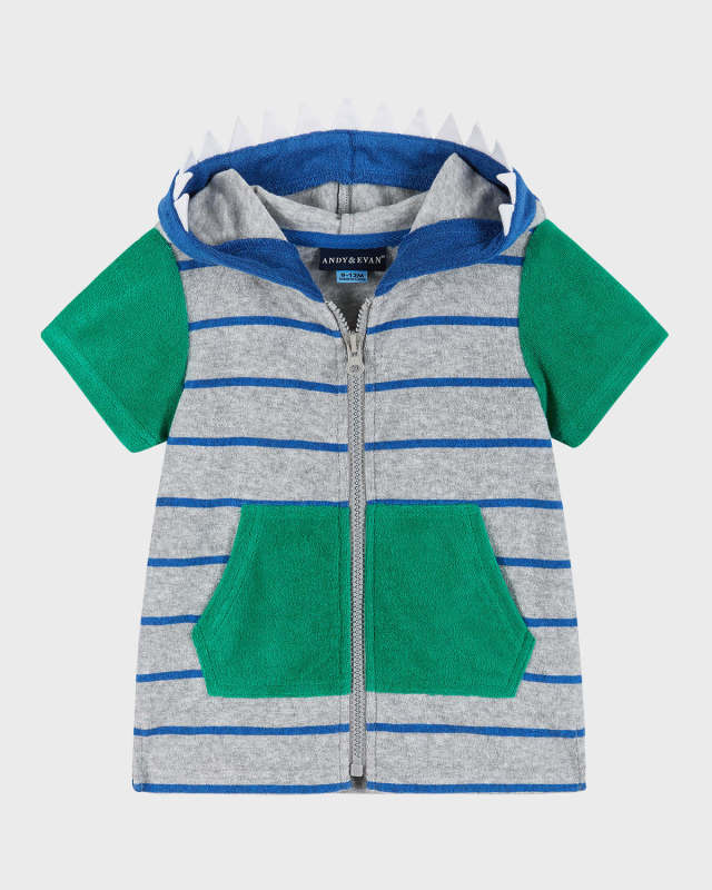 Boy's Dinosaur Zip-Front Striped Terry Hoodie Coverup, Size 0M-24