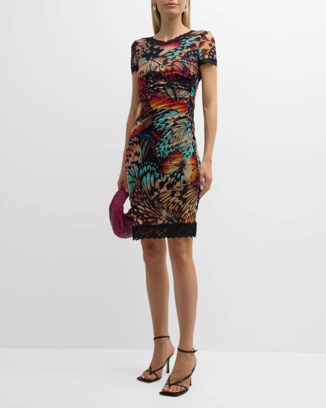 Butterfly-Print Lace-Trim Tulle Mini Dress