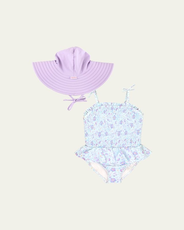 Girl's Fairytale Smocked Swimsuit and Hat Set, Size 3M-8