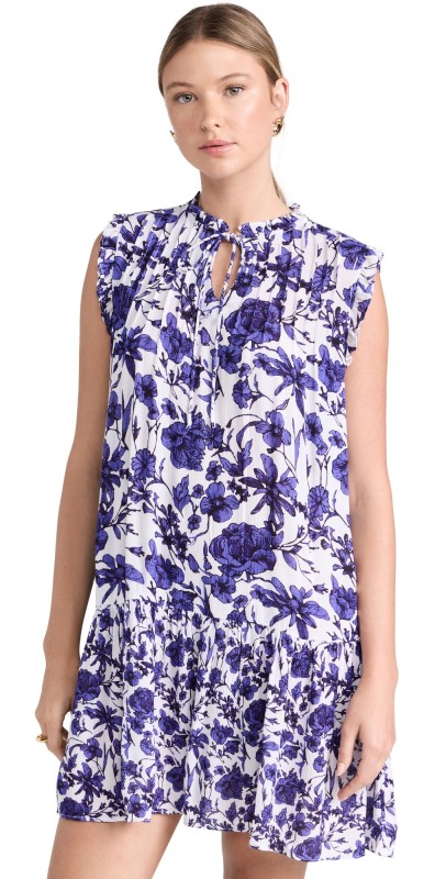 Playa Lucila Tie Neck Dress White/Blue Floral