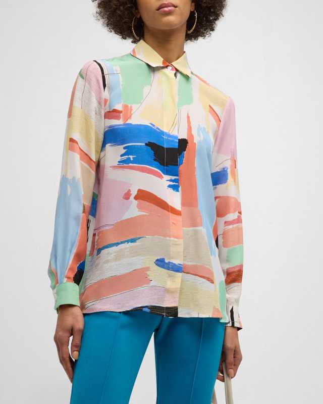 Goccia Abstract-Print Button-Down Silk Blouse