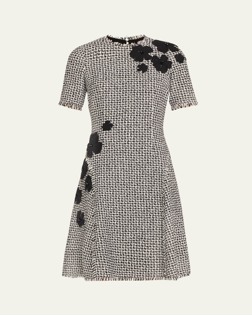Fringe-Trim Floral Applique Tweed Dress