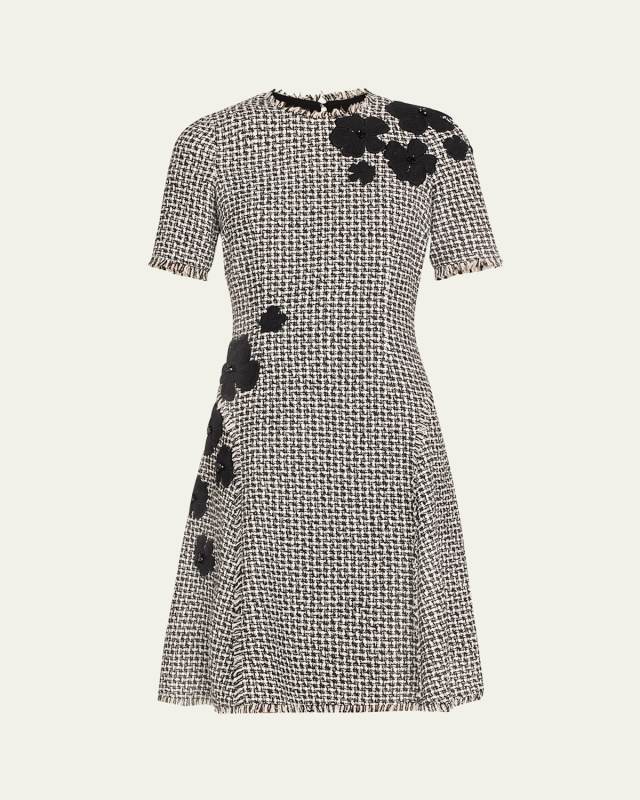 Fringe-Trim Floral Applique Tweed Dress