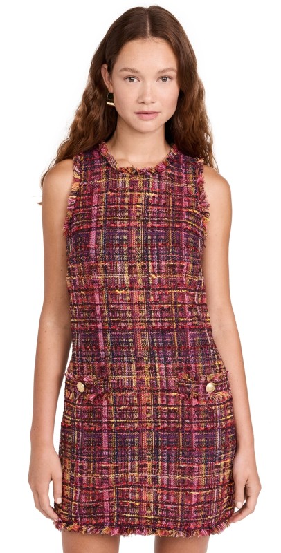 L'AGENCE Florian Tweed Shift Dress Red/Pink Multi Tweed