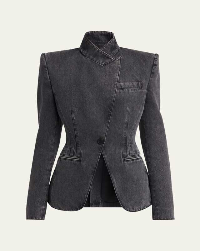 High-Neck Wrap Denim Jacket