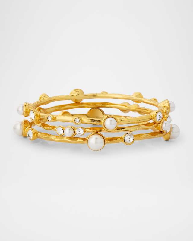 Gold-Tone Bangle Bracelets with Rhinestones and Faux Pearls, Set of 3