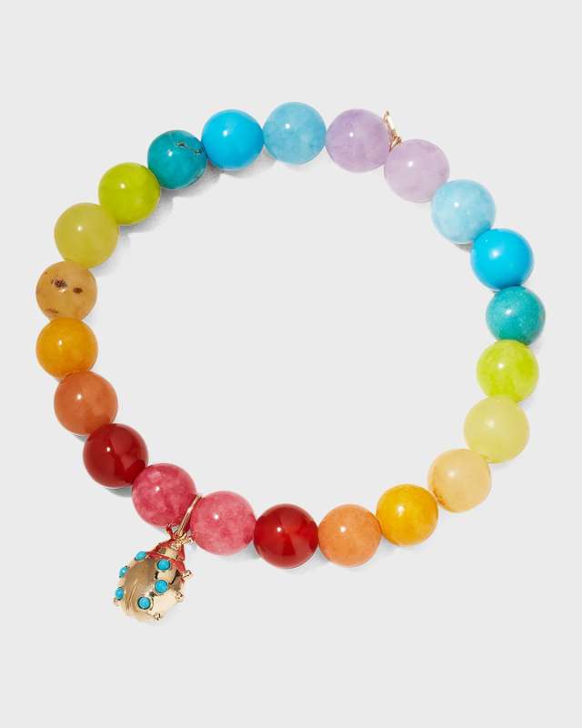 Rainbow Jade Bracelet with Small Ladybug Charm