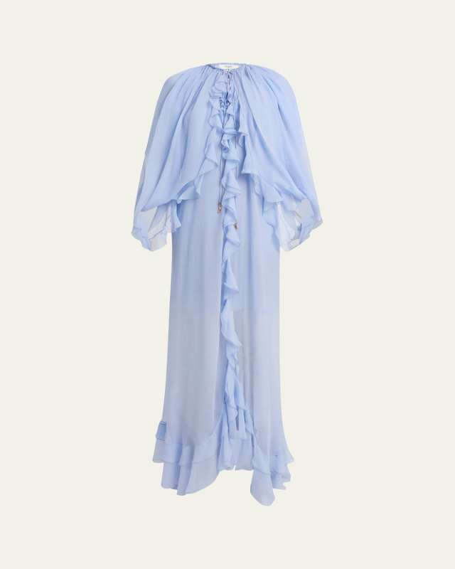 Long Ruffle-Trim Silk Mousseline Dress