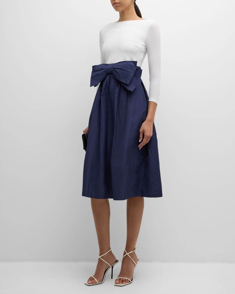 Bateau-Neck Bow-Front Mixed Media Midi Dress