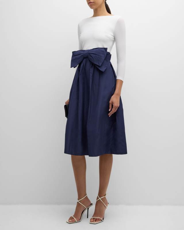 Bateau-Neck Bow-Front Mixed Media Midi Dress