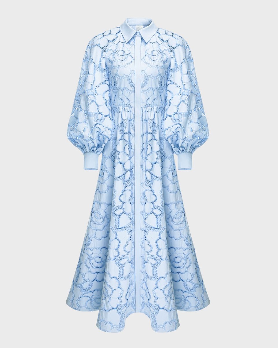 Lilli Floral Lace Blouson-Sleeve Maxi Shirtdress