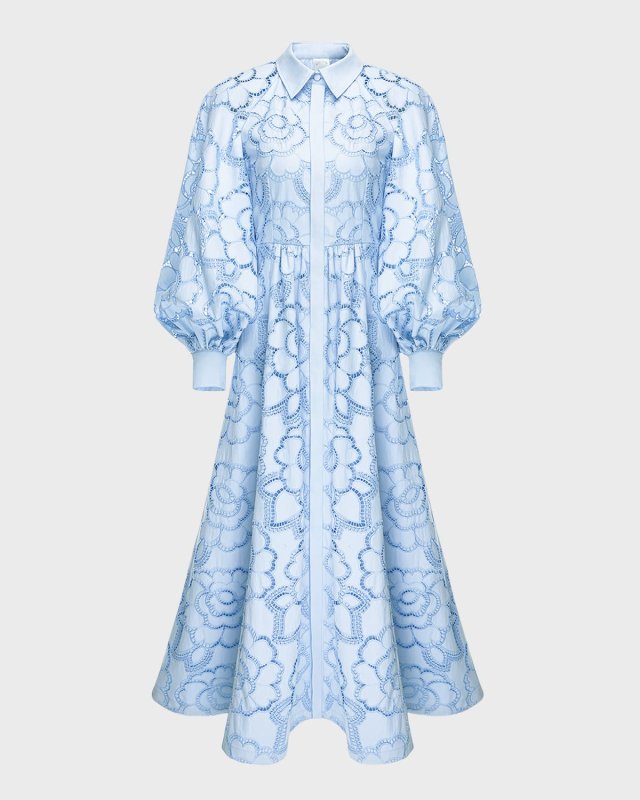 Lilli Floral Lace Blouson-Sleeve Maxi Shirtdress