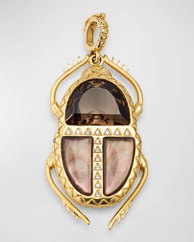 Smokey Quartz, Diamond and Mother of Pearl Scarab Pendant