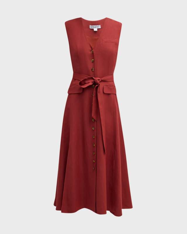 Belted Button-Front Twill Vest Midi Dress