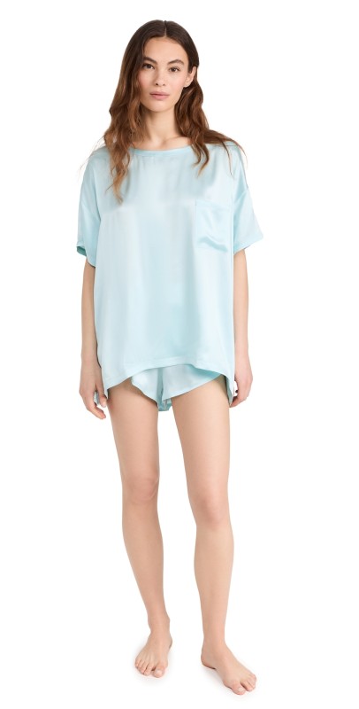 Lunya Washable Silk Tee Shorts and Classic Scrunchie Set Infinity Blue