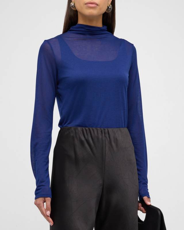 Sheer Long-Sleeve Turtleneck Top