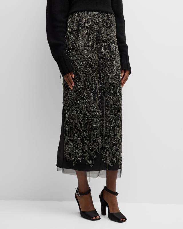 Beaded Slit-Hem Midi Pencil Skirt