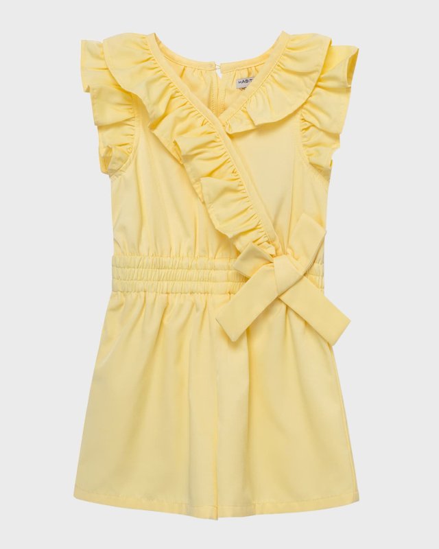 Girl's Ruffled Twill Mock-Wrap Romper, Size 2-
