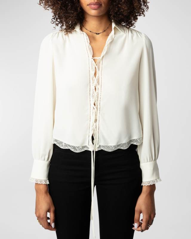 Topzyl Crepe de Chine Lace-Up Blous