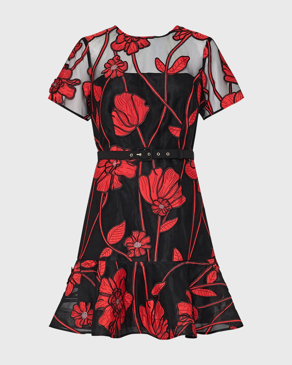 Rosie Belted Floral-Embroidered Mini Dress