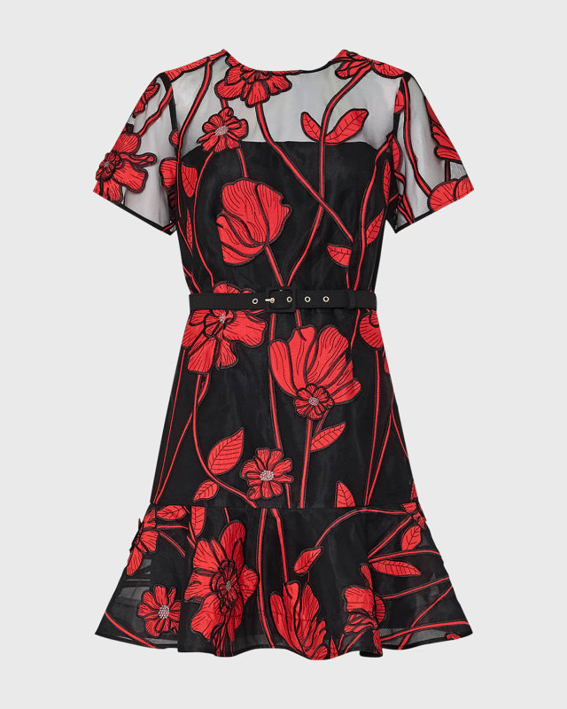 Rosie Belted Floral-Embroidered Mini Dress