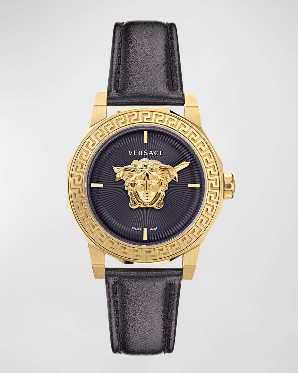 38mm Medusa Deco Watch with Leather Strap, Black