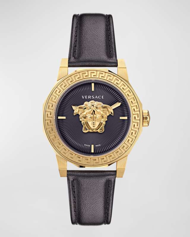 38mm Medusa Deco Watch with Leather Strap, Black