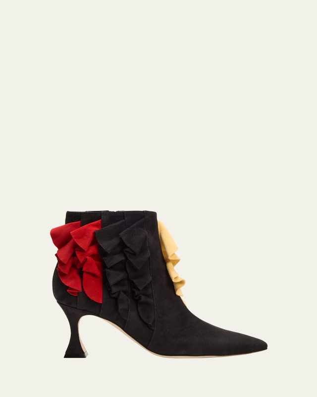 Pompa Suede Colorblock Ruffle Booties