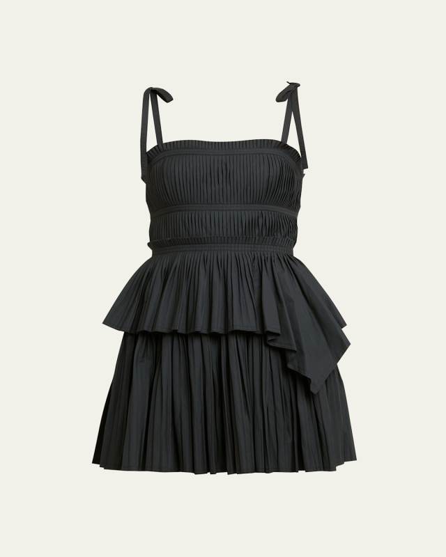 Bailey Tie-Shoulder Tiered Pleated Poplin Mini Dress